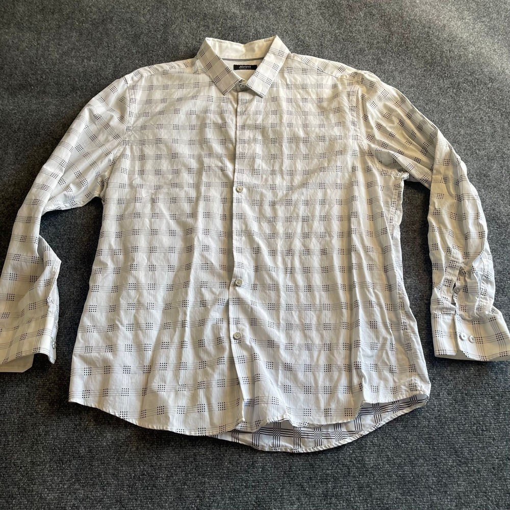 Alfani Mens XL White Geometric Grid Button Down Shirt Regular Fit Cotton A023